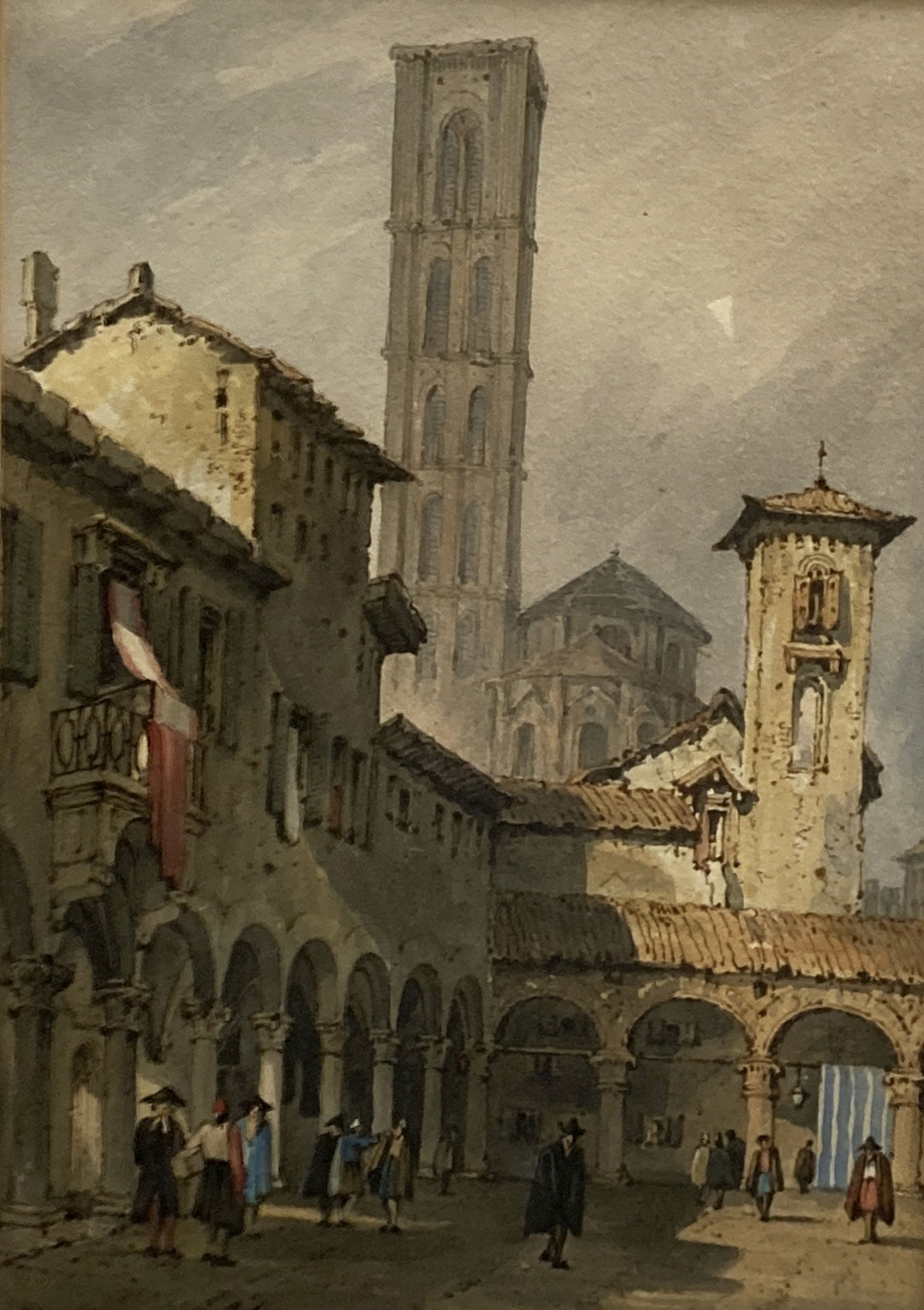 William Henry Harriott (fl.1811-39), 2 watercolours, Bologna and a French market stall, initialled and dated 1828 verso, 26 x 18cm and